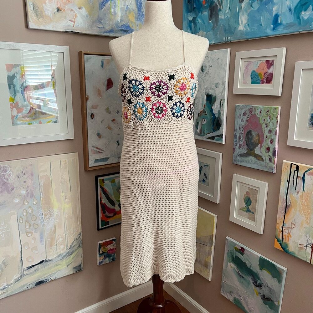 Cottagecore Mossimo Crochet Knit Midi Dress Boho Granny Square Festival Summer L